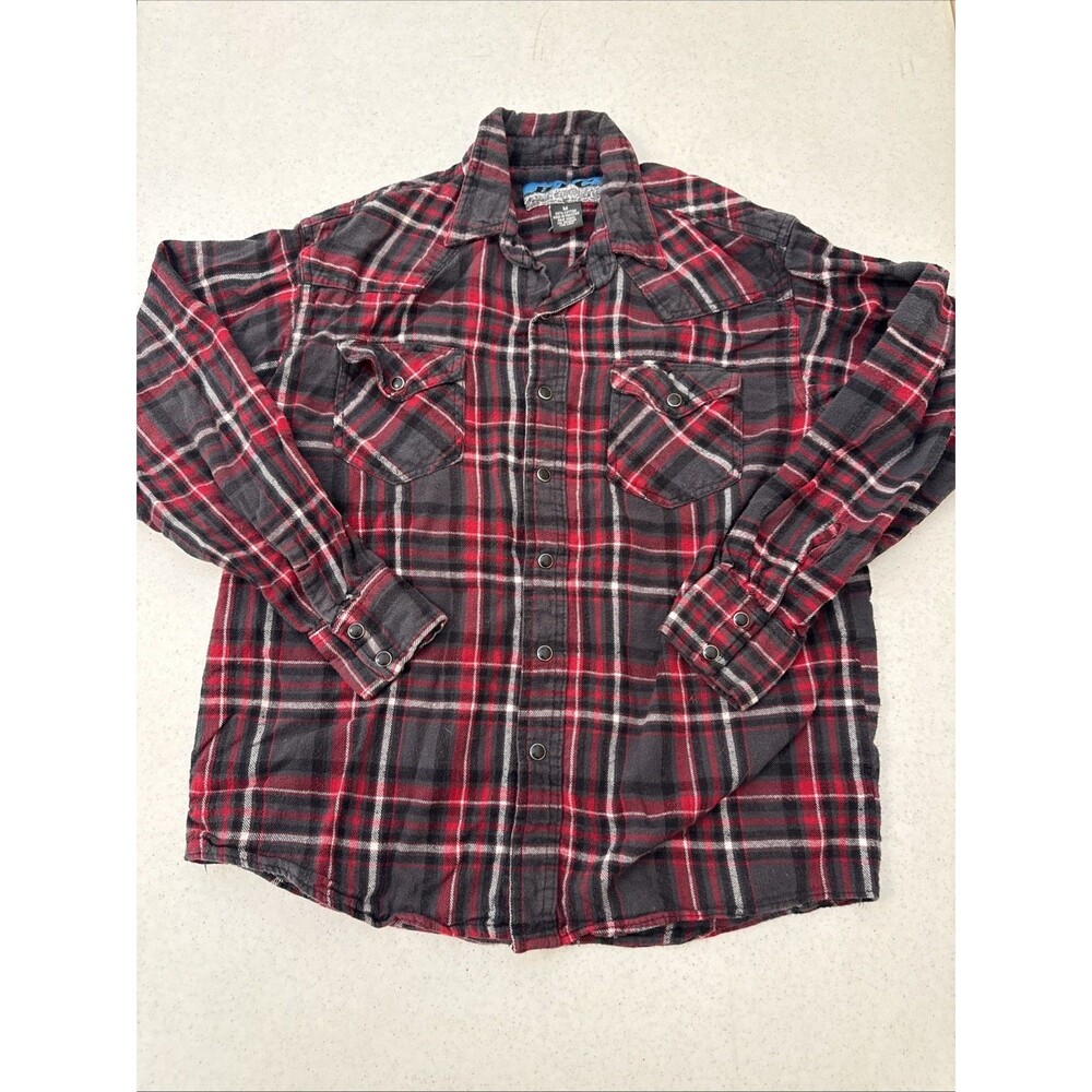 BTC Western Shirt Men Med Red Plaid Flannel Pearl Snap Long Sleeve Flap Pockets